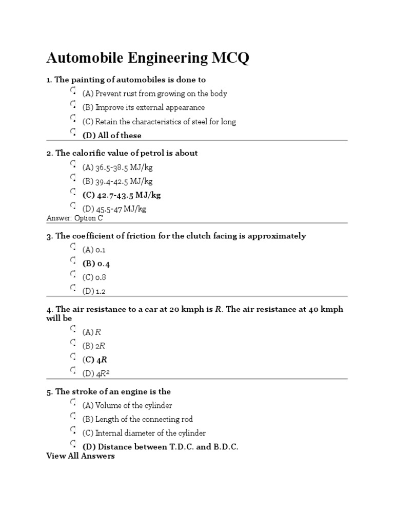 Automobile Engineering MCQ | PDF | Internal Combustion Engine | Engines