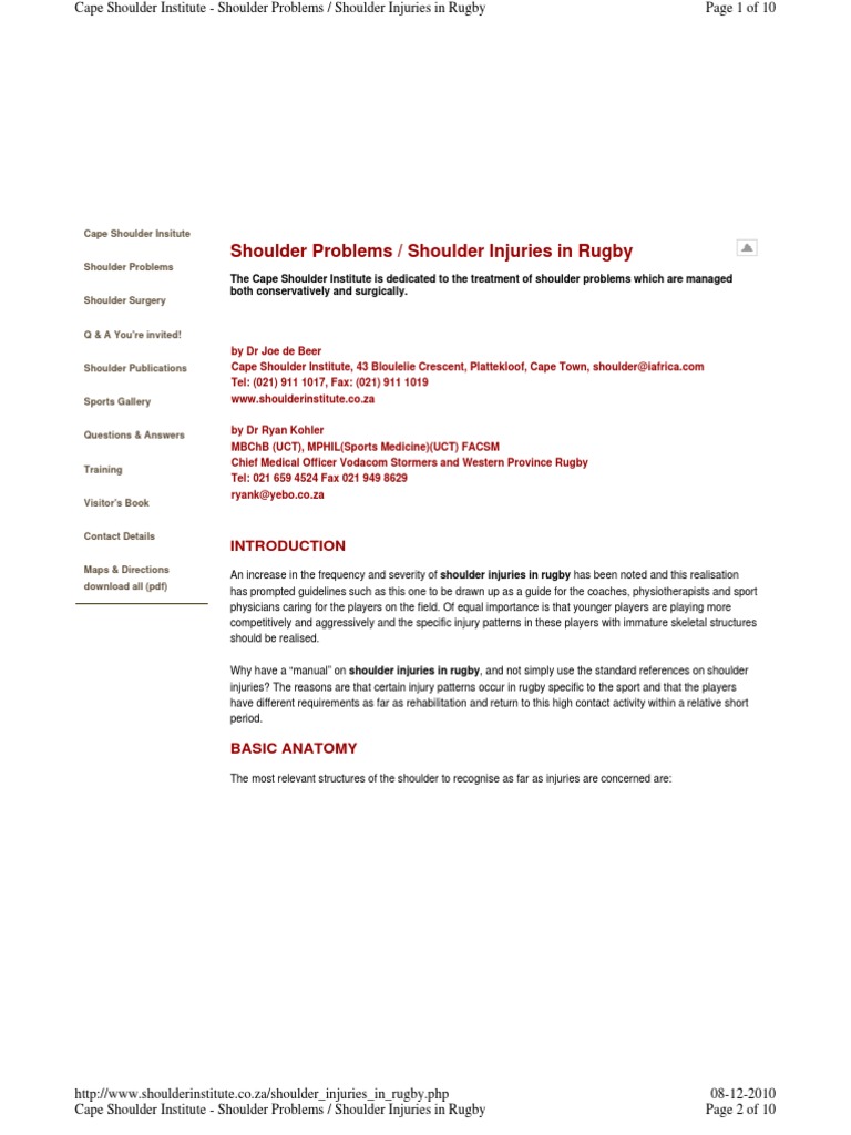 Shoulder Problems / Shoulder Injuries in Rugby | PDF | Shoulder | Arm