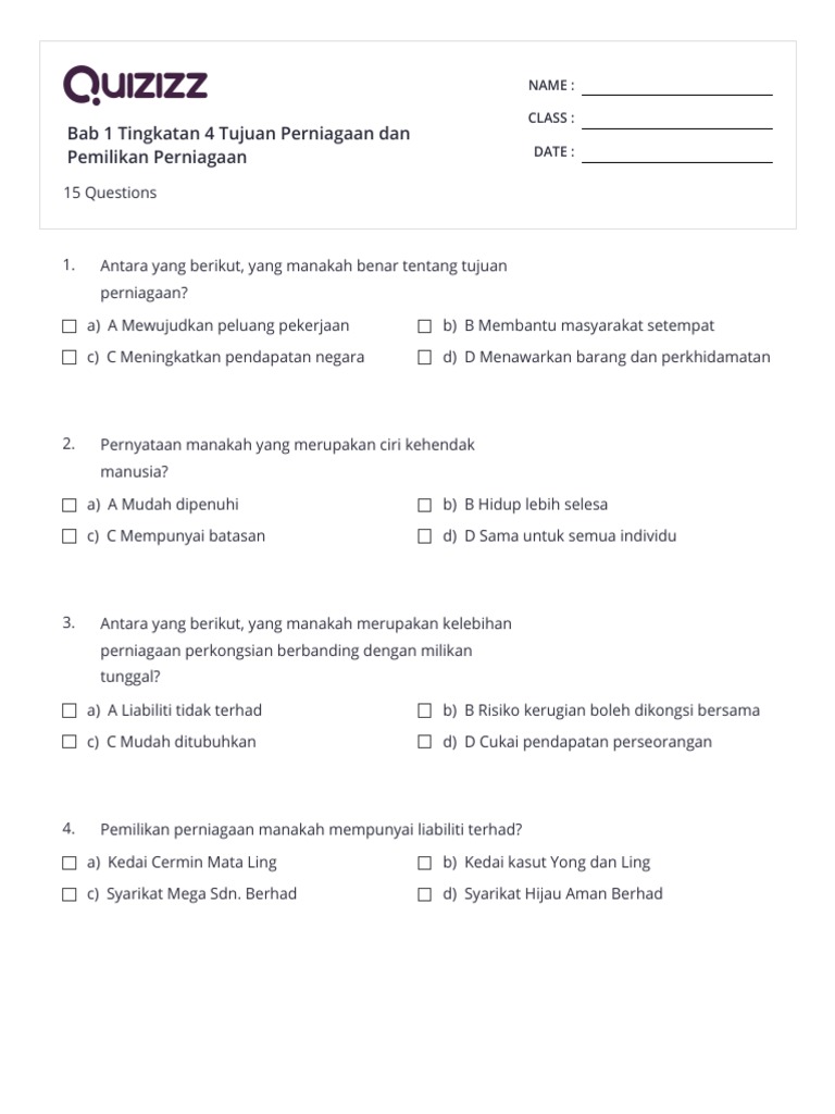 Bab 1 Tingkatan 4 Tujuan Perniagaan Dan Pemilikan Perniagaan Print Quizizz Pdf