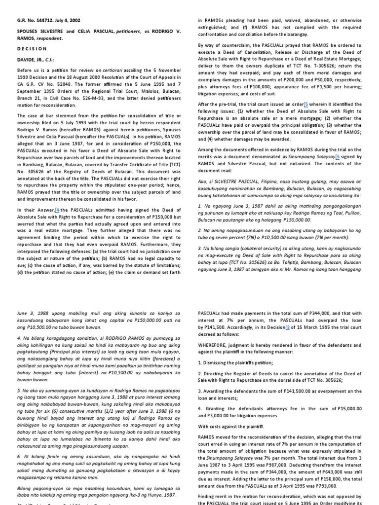 Pascuals vs. Ramos: Land Ownership Dispute | PDF | Interest | Mortgage Law