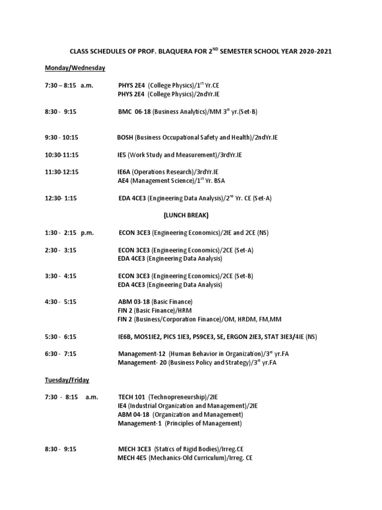Prof. Blaquera's 2nd Semester Class Schedule | PDF | Economies | Business