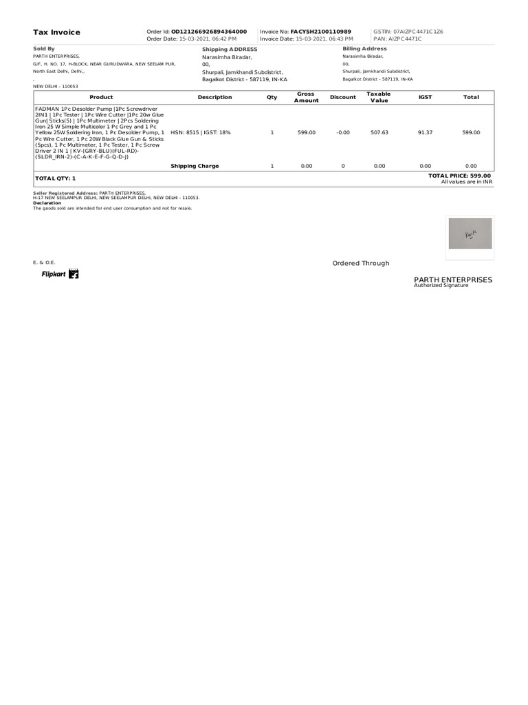 Tax Invoice for Order OD121266926894364000 | PDF | Government Finances ...