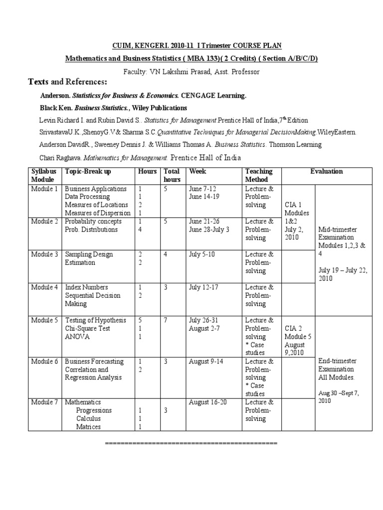 MBA Mathematics & Statistics Course Plan | PDF | Statistics ...