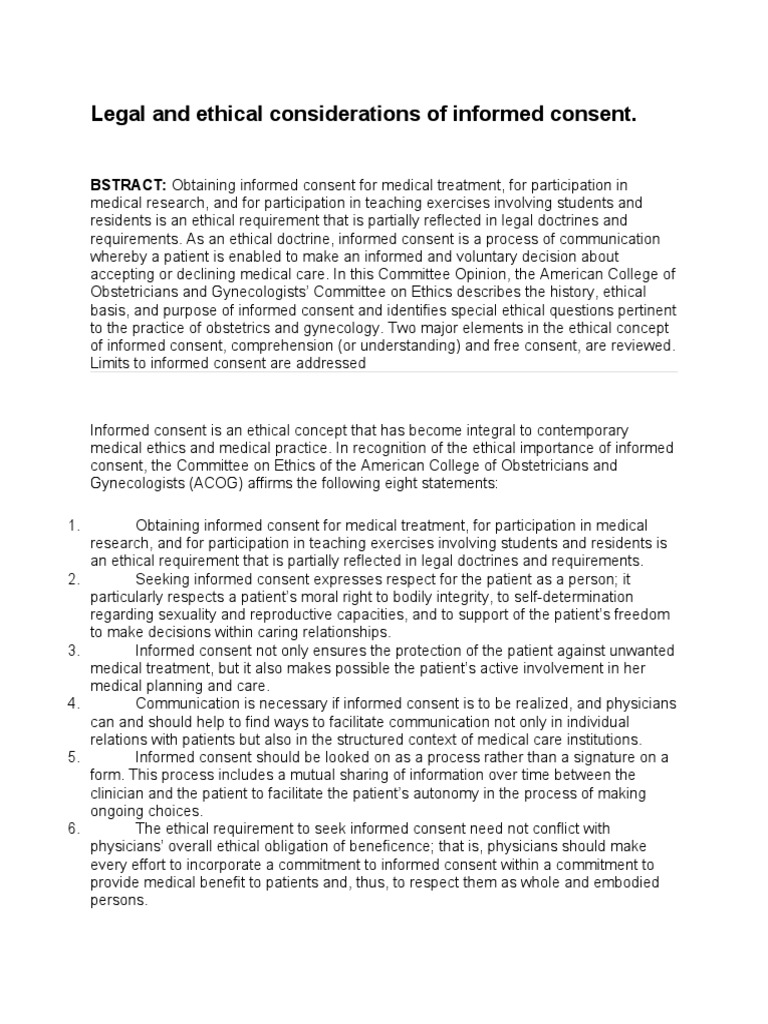 Legal And Ethical Considerations Of Informed Consent Pdf Informed