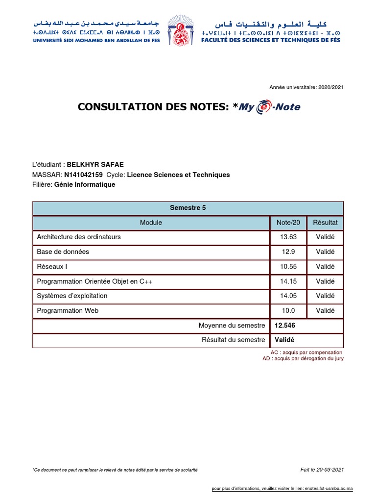 Relevé de notes Licence 2020/2021 | PDF