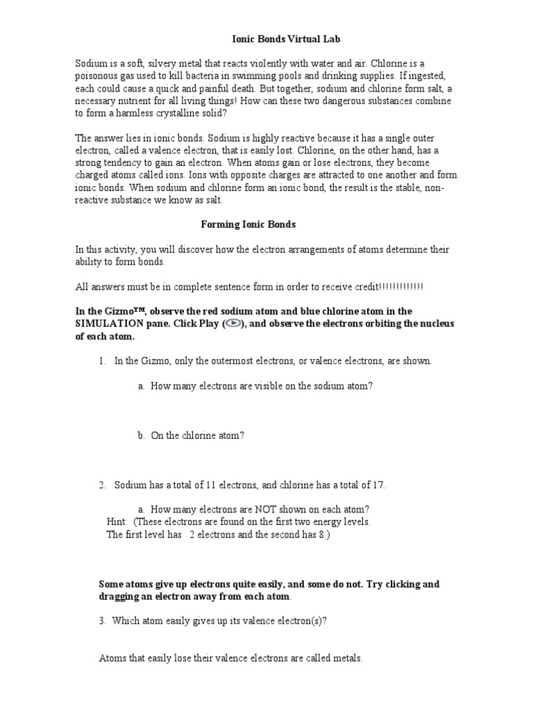 Ionic Bonds Virtual Lab Activity | PDF | Ion | Atoms
