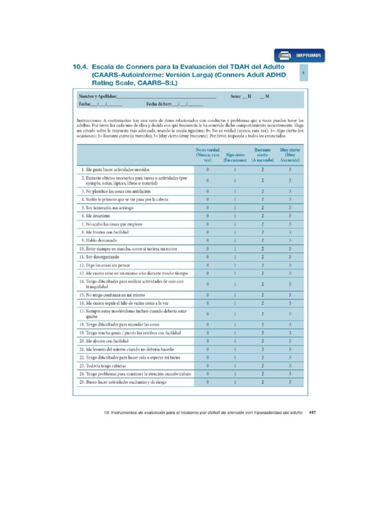 Caars Autoinforme TDHA Adulto | PDF