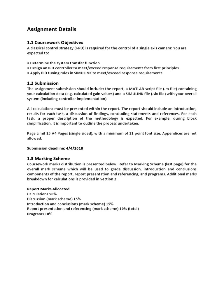 Assignment Details: 1.1 Coursework Objectives | PDF | Torque | Control ...