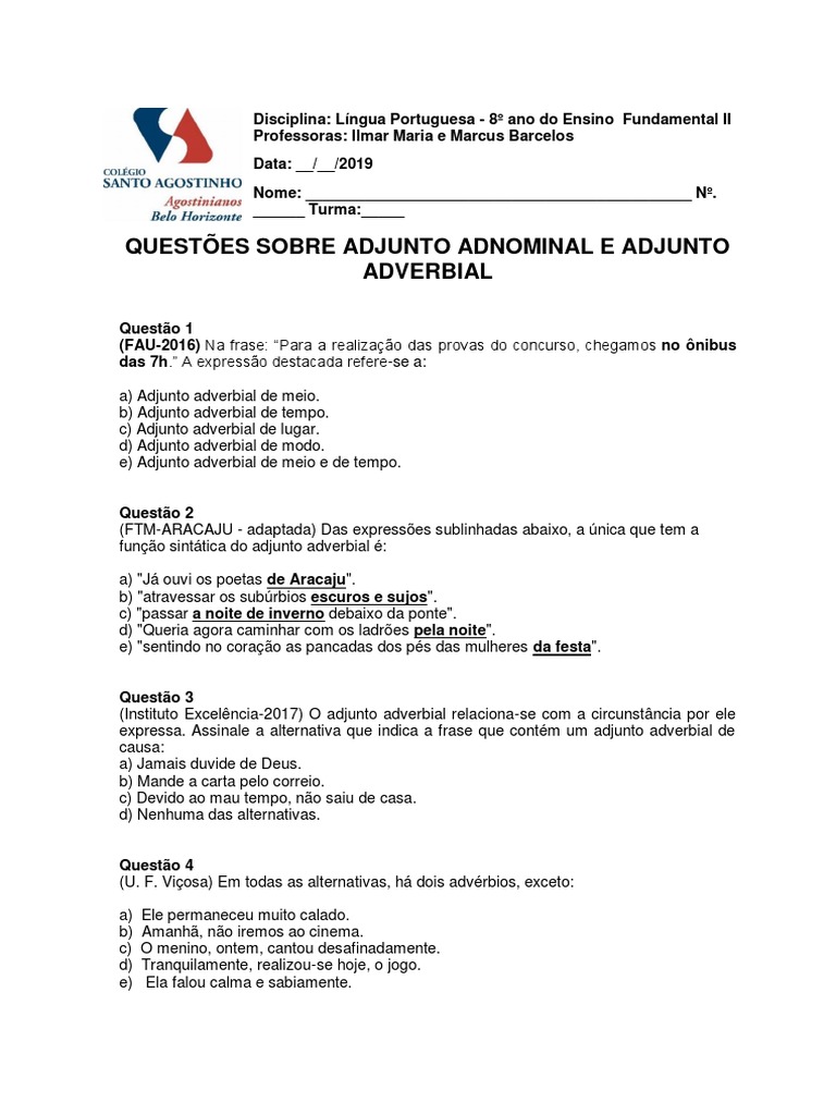 Lista de Exercícios - Adjunto Adnominal e Adjunto Adverbial | PDF