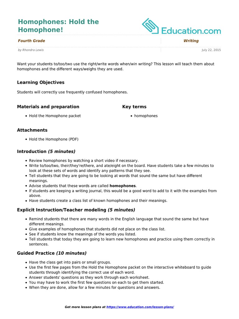 Homophones: Hold The Homophone!: Learning Objectives | PDF | Language ...