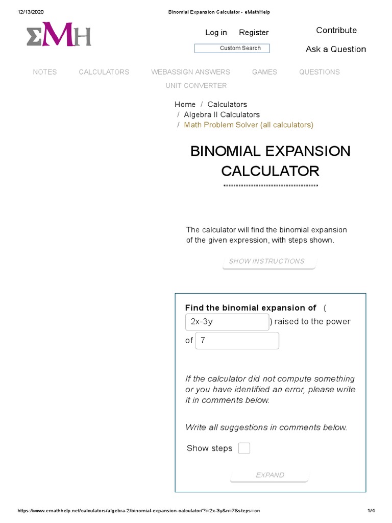 Binomial Expansion Calculator EMathHelp PDF Calculator Applied
