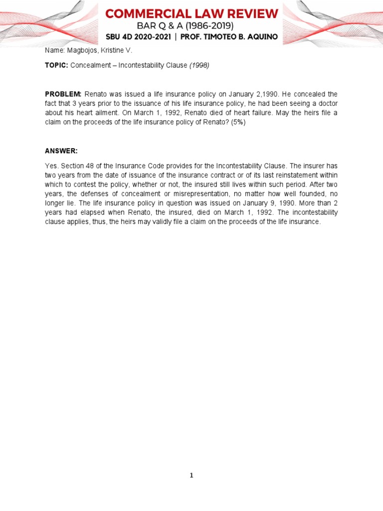 Incontestability Clause in Life Insurance | PDF