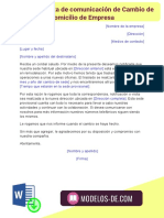 Modelo de Carta de Comunicación de Cambio de Domicilio de Empresa