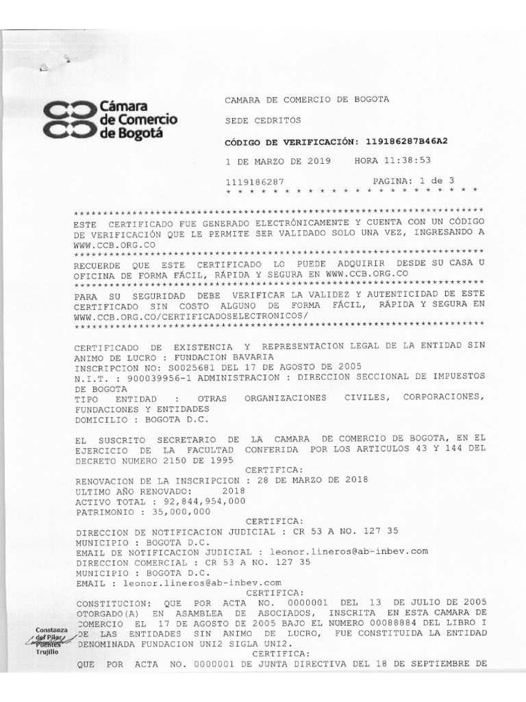Certificado de Camara y Comercio | PDF