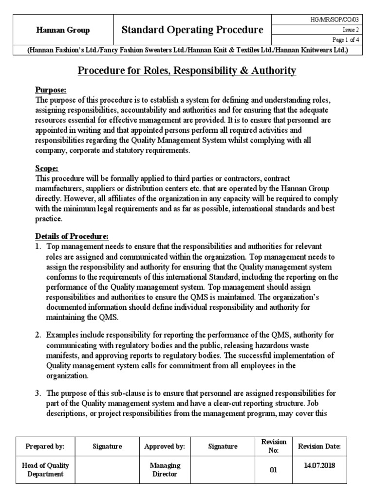 Roles and Responsibilities SOP | PDF | Quality Management System ...