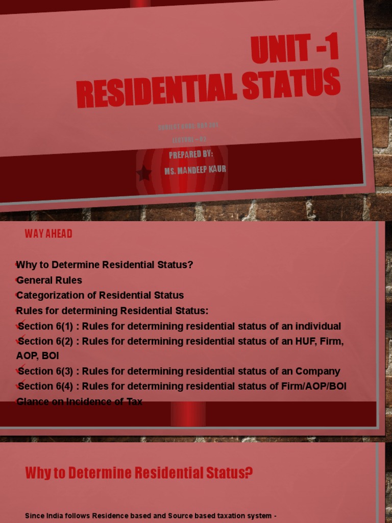 Unit 1 Residential Status Prepared By Ms. Mandeep Kaur PDF