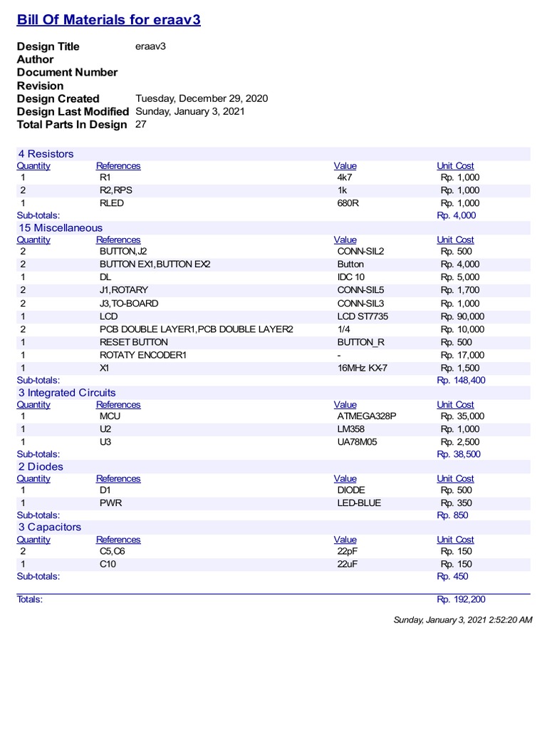 Bill of Materials Eraav3-1 | PDF | Electronics | Electrical Equipment