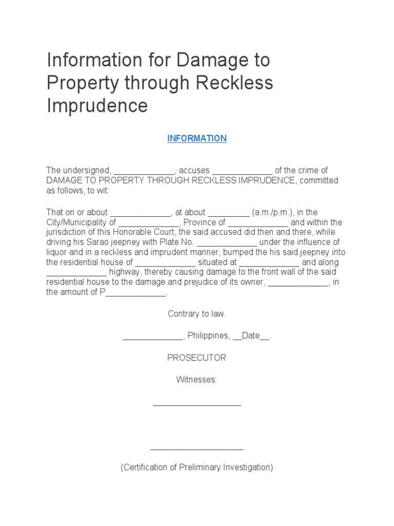 Information For Damage To Property Through Reckless Imprudence PDF
