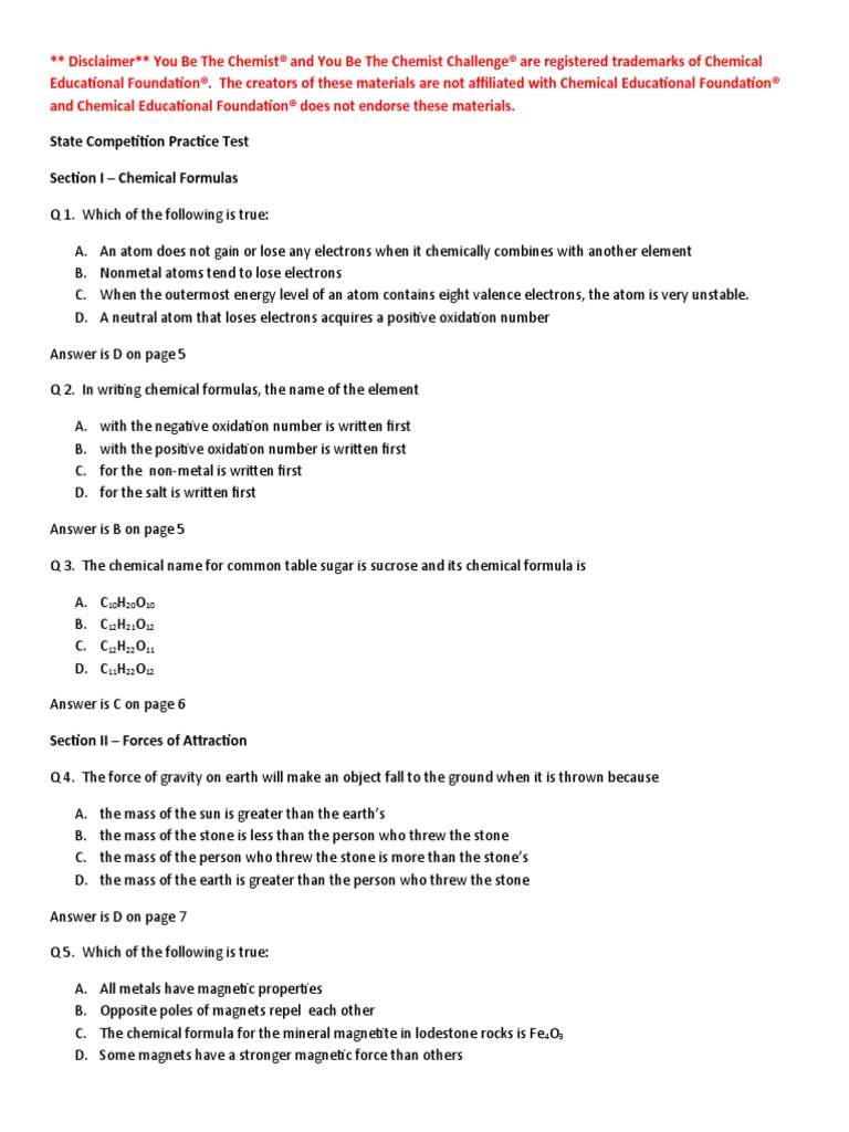YBC State Competition Practice Test Key | PDF | Solution | Chemical Bond