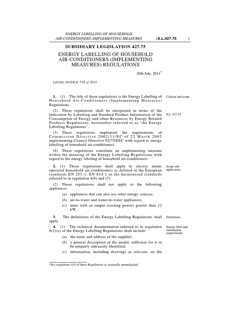 Subsidiary Legislation 427.75 Energy Labelling of Household Air