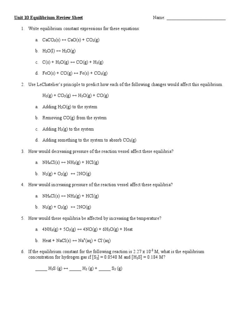 Review Sheet Unit 10 Equilibrium1 PDF