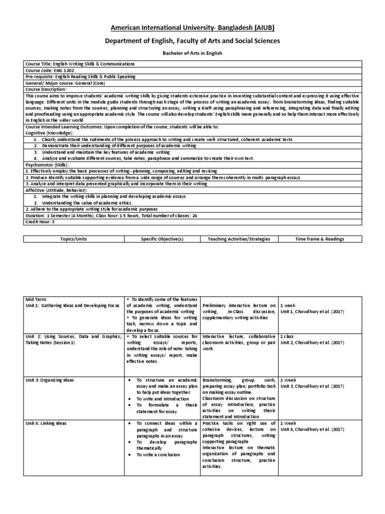 English Writing Skills Course Outline | PDF | Lecture | Essays
