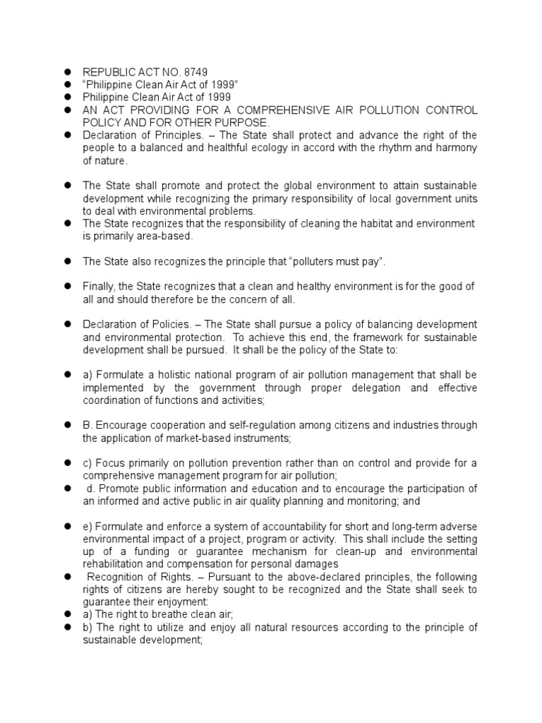 Philippine Clean Air Act Overview | PDF | Air Pollution | Environmental ...