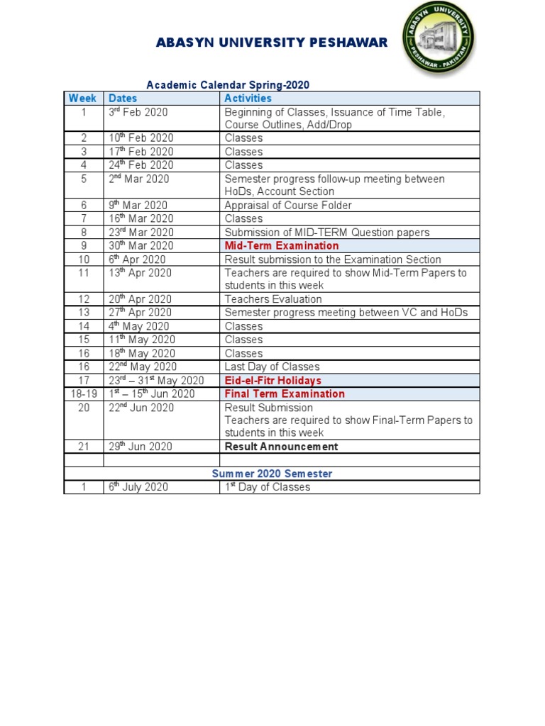 Abasyn University Spring 2020 Calendar | PDF