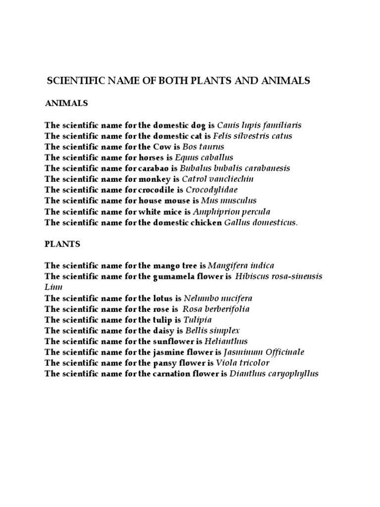 Scientific Name of Both Plants and Animals PDF