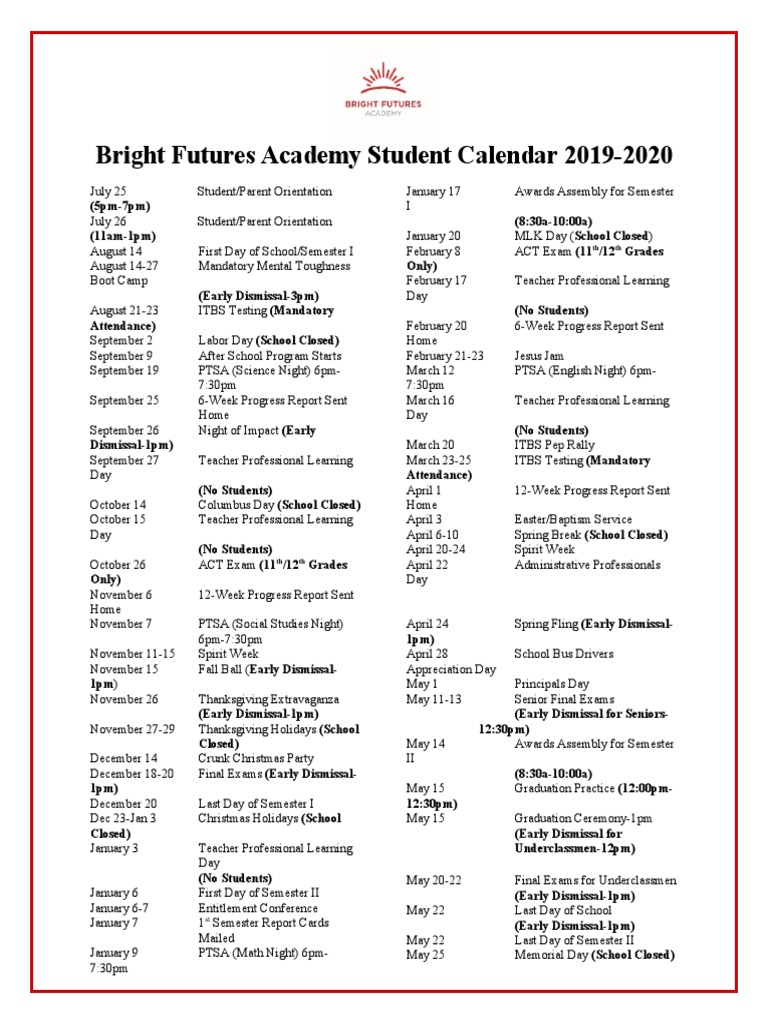 Bright Futures Academy Student Calendar 20192020 TH TH PDF
