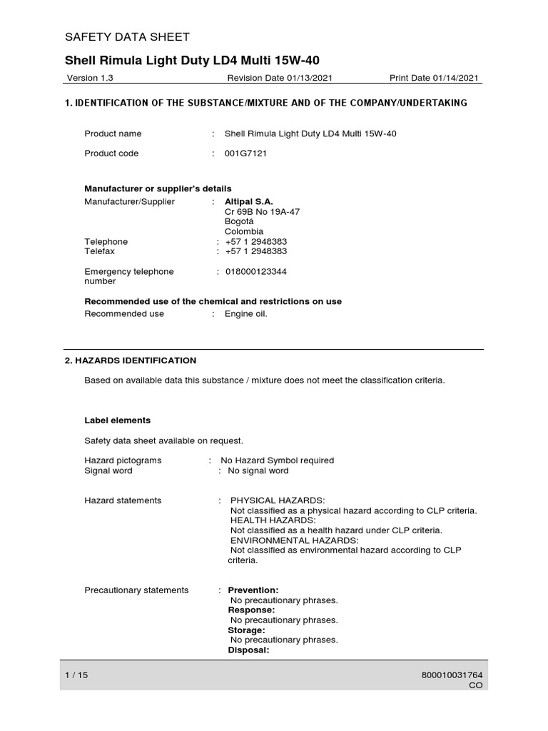 Shell Rimula LD4 15W-40 Safety Data | PDF | Personal Protective ...