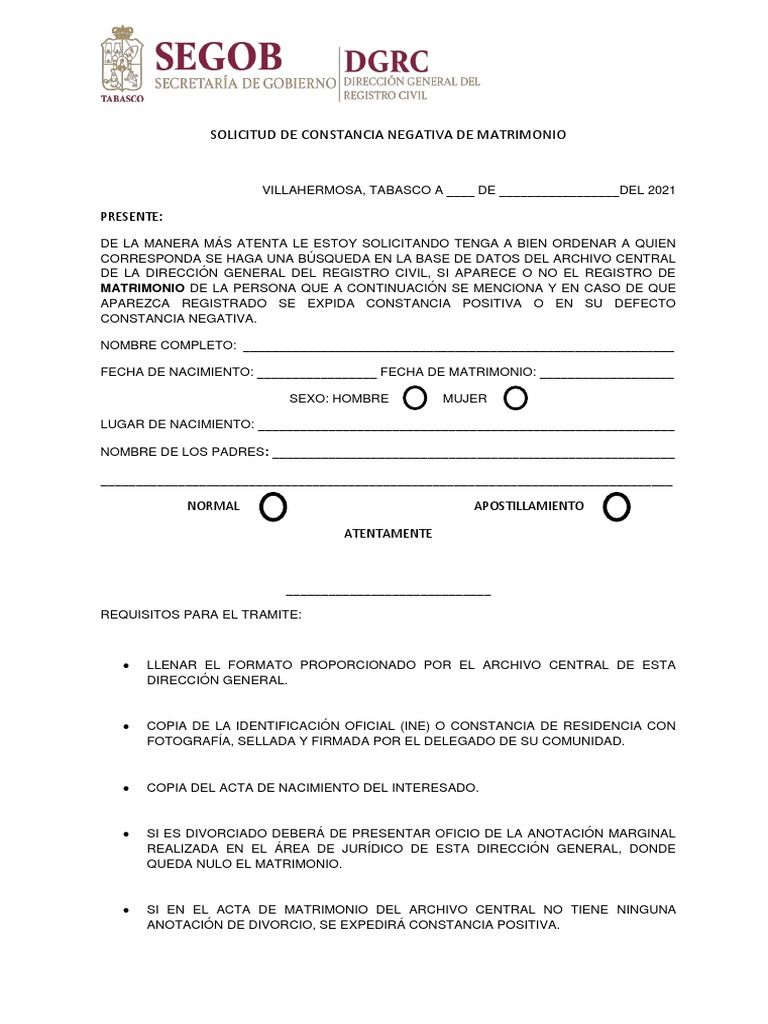 Solicitud de Constancia Negativa de Matrimonio | PDF | Negocios