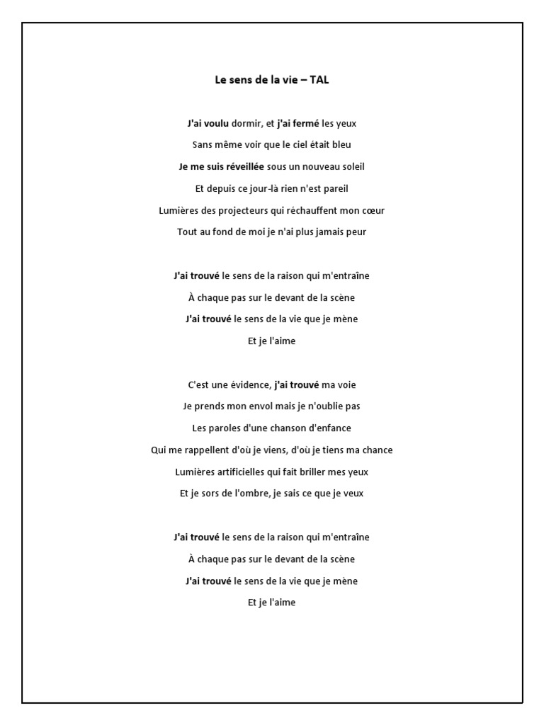 Parole Tal Le Sens De La Vie Le Sens de La Vie - TAL Paroles | PDF