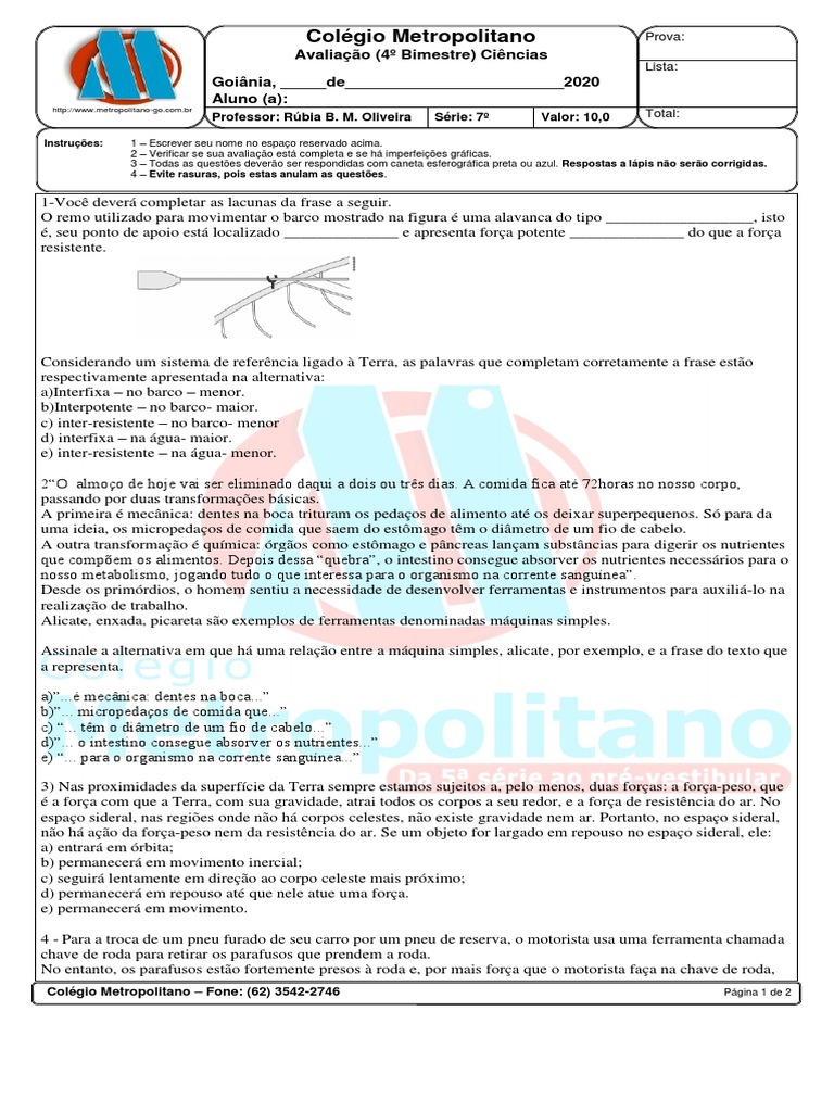 Prova de Ciências 7º Ano 2024 | PDF | Calor | Transferência de calor