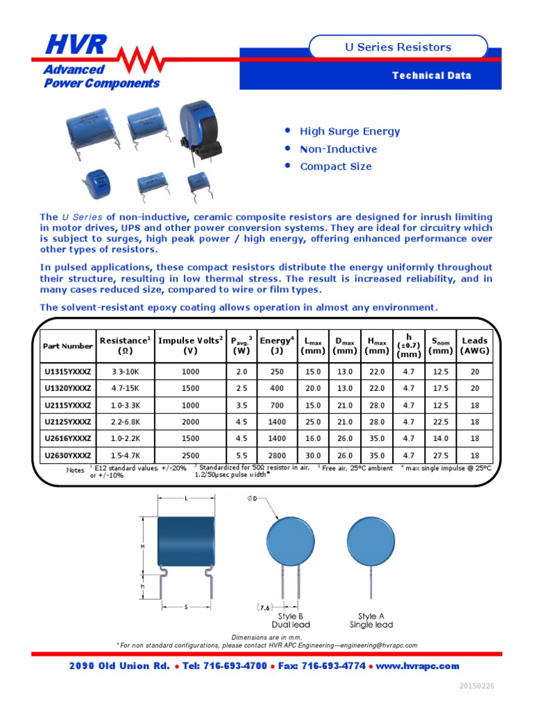 Technical Data HVR APC U Series Resistors PDF Resistor