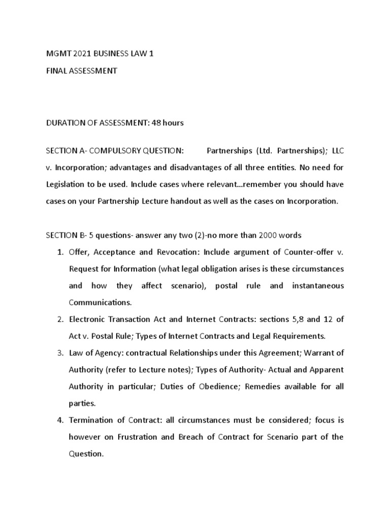 Business Law Final Assessment Guide | PDF