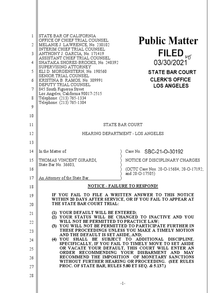 Girardi State Bar Charges Sbc21O30192 Download Free PDF State