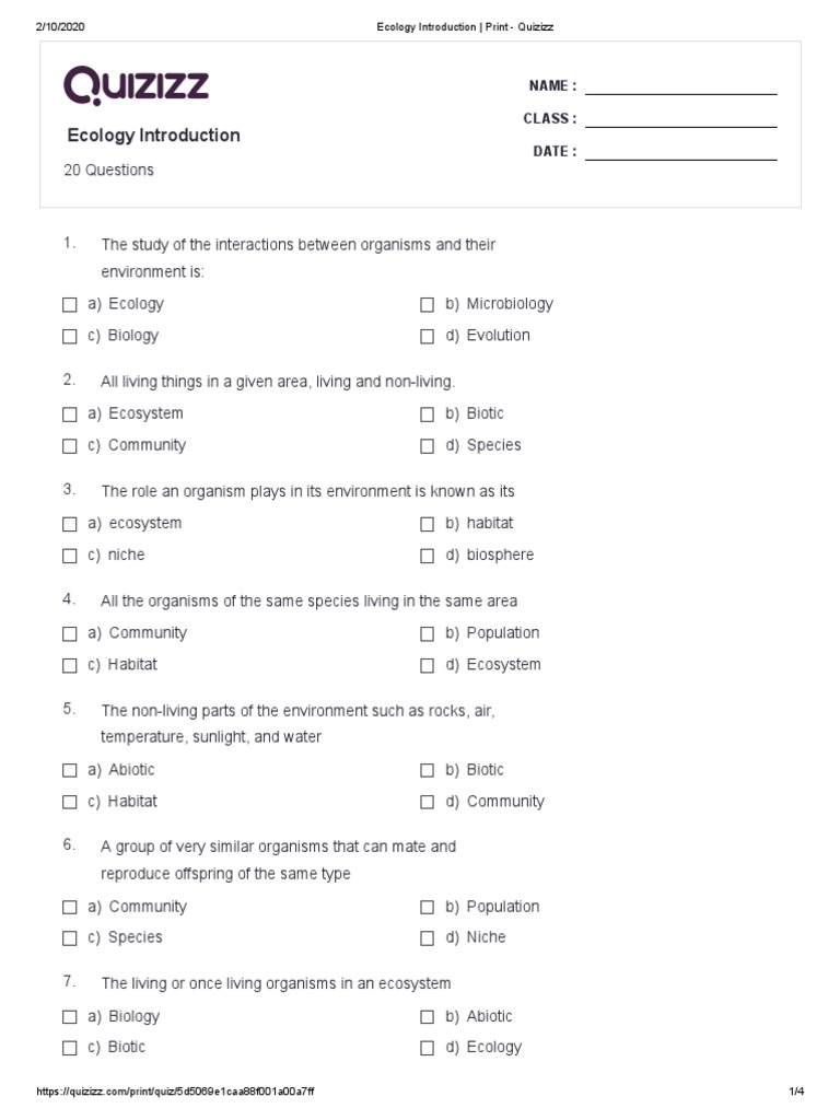 Ecology Introduction - Print - Quizizz | PDF | Ecology | Ecological Niche