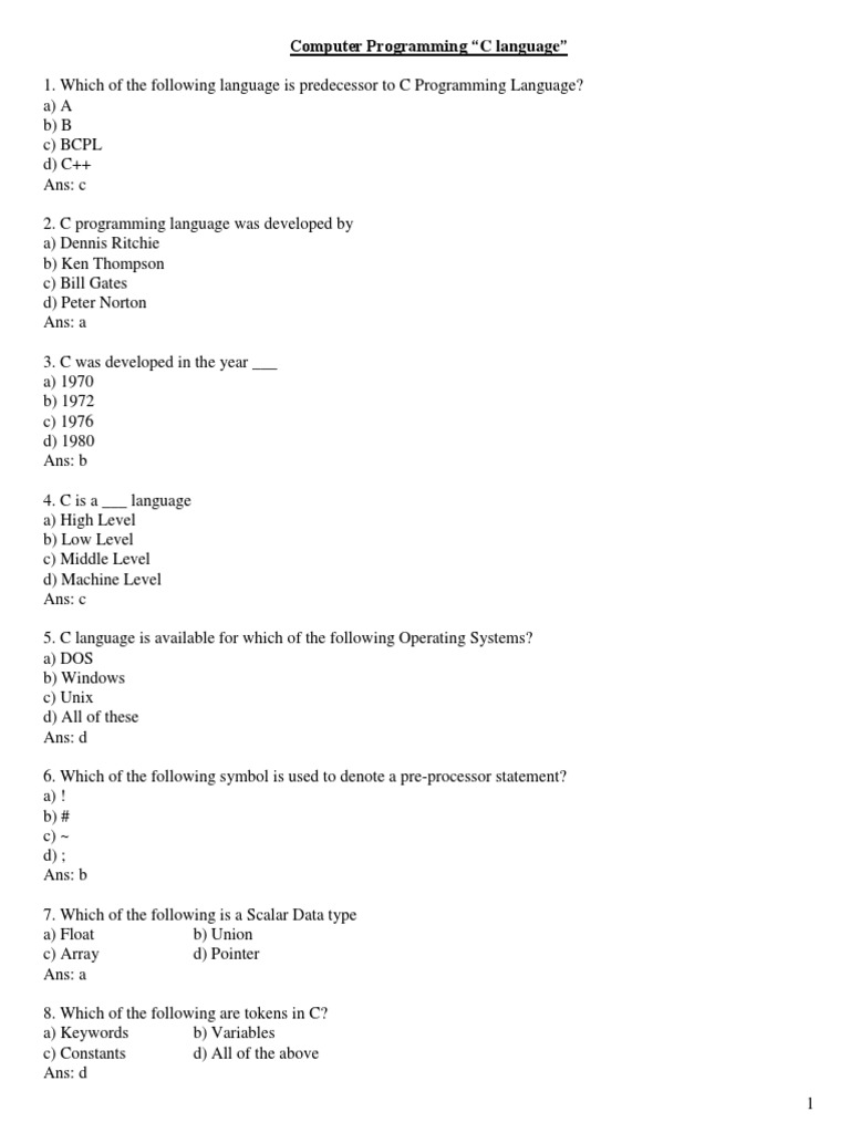 C programming online Test, C language MCQ Test, C Quiz