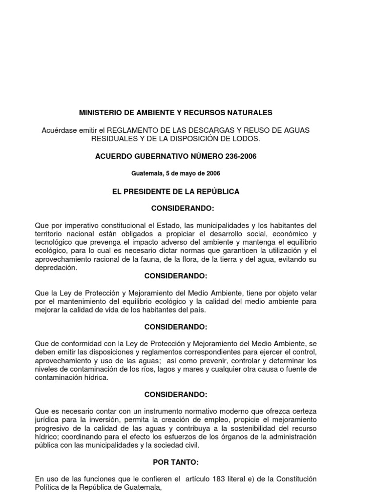 Reglamento de Aguas Residuales 236-2006 | PDF | Aguas residuales | La ...