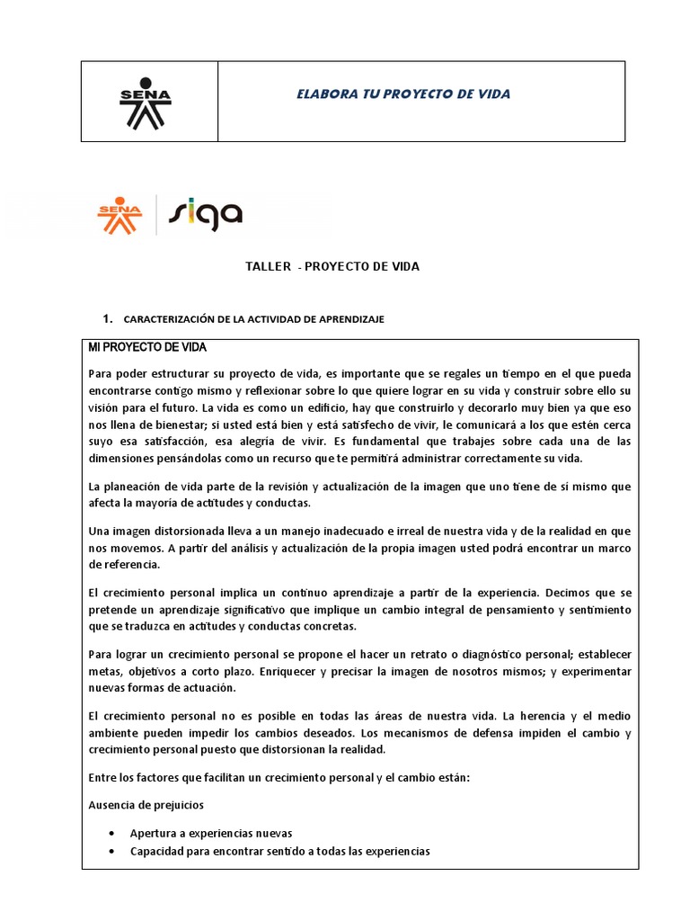 Taller Proyecto de Vida | PDF | Análisis FODA | Desarrollo personal