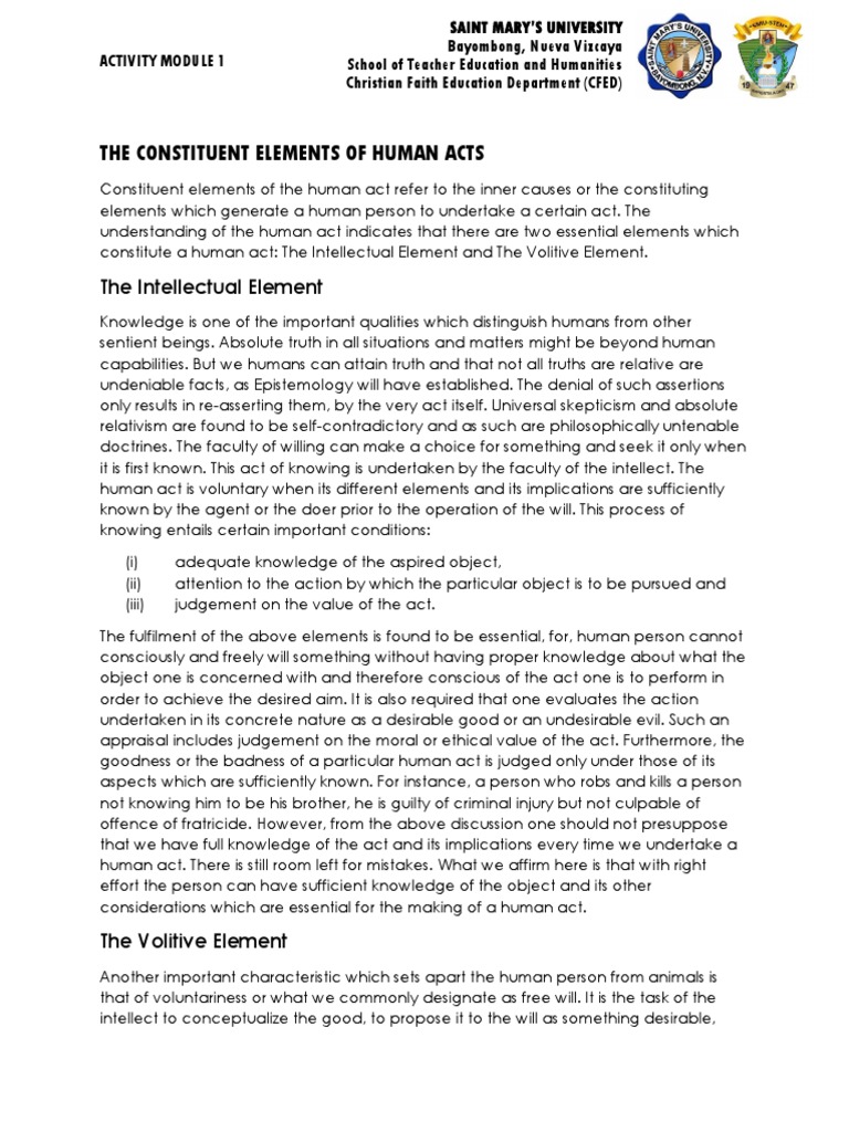 The Constituent Elements of Human Acts PDF Free Will Motivation