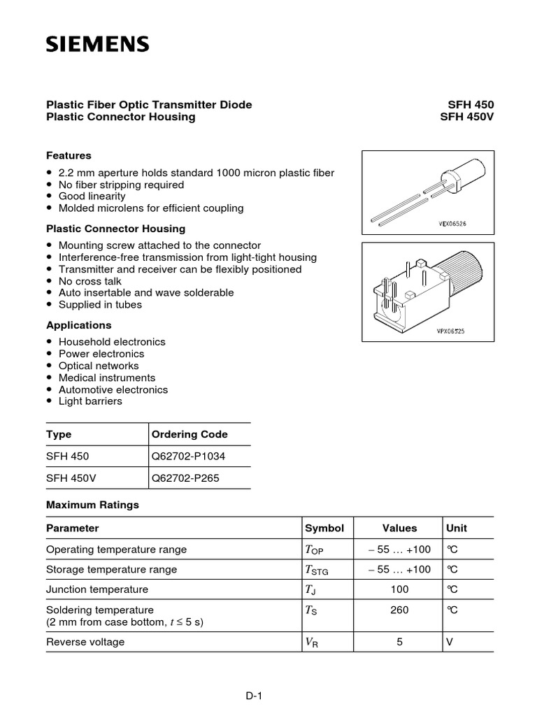 Plastic Fiber Optic Transmitter Diode Plastic Connector Housing SFH 450