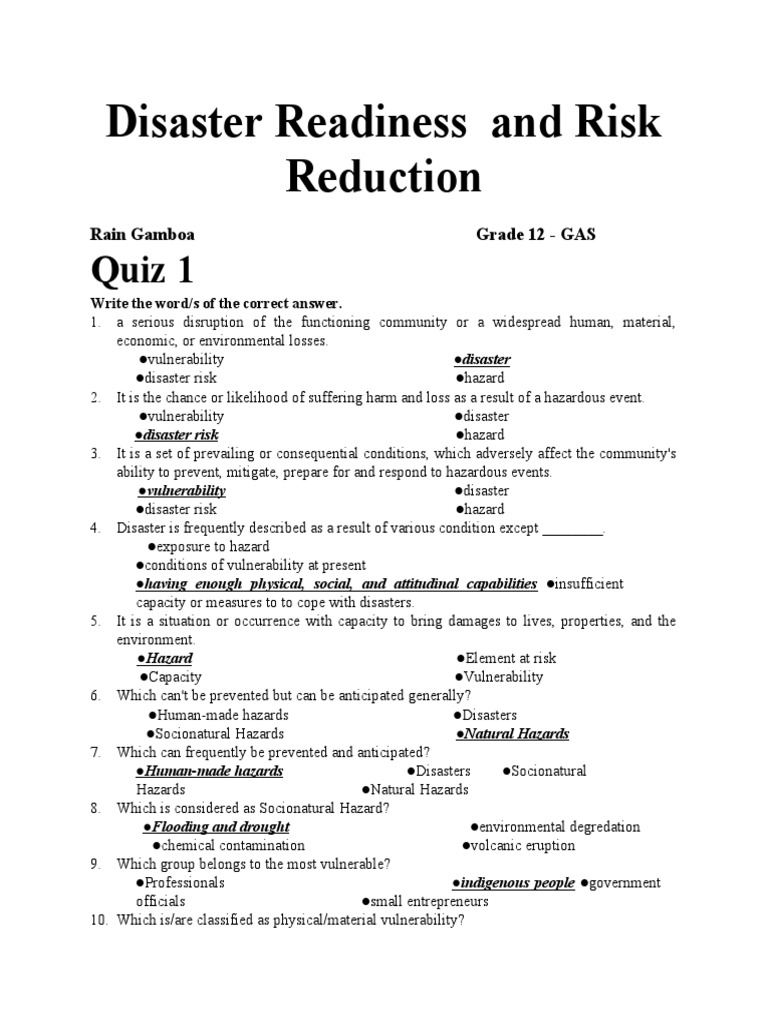 Quiz 1 Disaster Readiness And Risk Reduction Pdf Hazards Reinsurance
