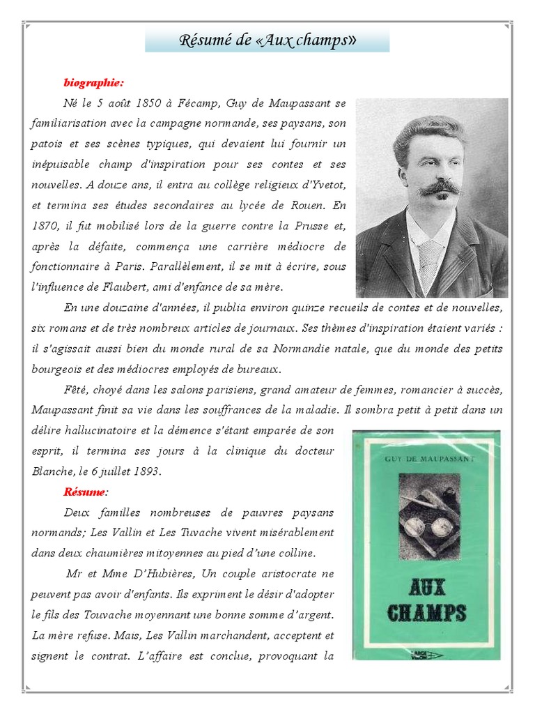 Aux Champs Guy De Maupassant Fiche De Lecture Aux Champs Resume | PDF