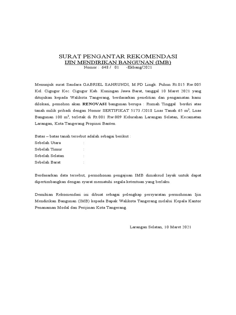 Surat Pengantar Rekomendasi: Ijin Mendirikan Bangunan (Imb) | PDF