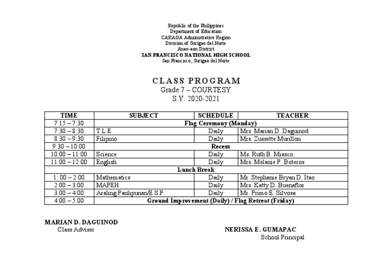 Class Program: Grade 7 - COURTESY S.Y. 2020-2021 | PDF