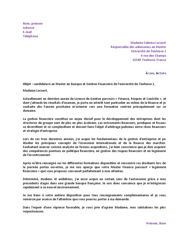 Lettre de Motivation Master Banque Et Gestion Financière PDF