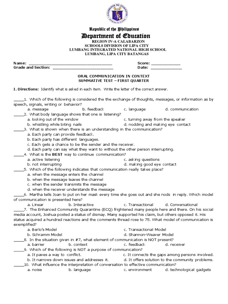 Oral Communication Summative Tests PDF Nonverbal Communication