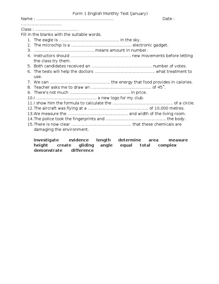 Form 1 English Monthly Test - January | PDF | Science & Mathematics